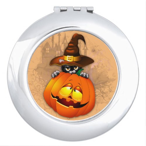 Halloween Cute Kitty Witch and Pumpkin Friend  Compact Mirror