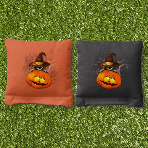 Halloween Cute Kitty Witch and Pumpkin Friend  Cornhole Bags