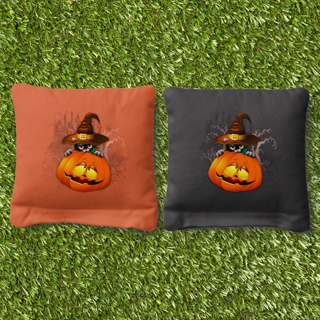 Halloween Cute Kitty Witch and Pumpkin Friend  Cornhole Bags (Grass)