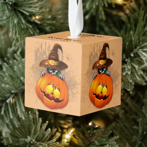 Halloween Cute Kitty Witch and Pumpkin Friend  Cube Ornament
