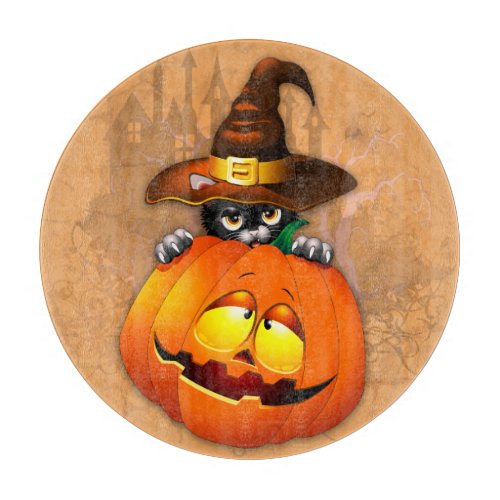 Halloween Cute Kitty Witch and Pumpkin Friend  Cutting Board