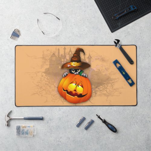 Halloween Cute Kitty Witch and Pumpkin Friend  Desk Mat