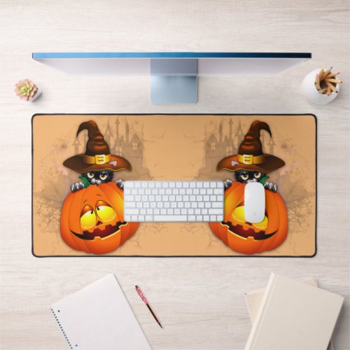 Halloween Cute Kitty Witch and Pumpkin Friend  Desk Mat