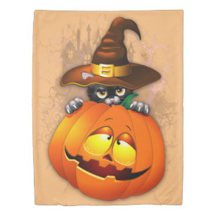 Halloween Cute Kitty Witch and Pumpkin Friend Duvet Cover