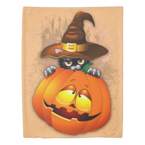 Halloween Cute Kitty Witch and Pumpkin Friend  Duvet Cover