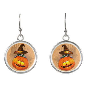 Halloween Cute Kitty Witch and Pumpkin Friend Earrings