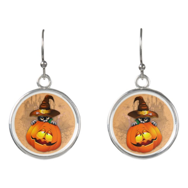 Halloween Cute Kitty Witch and Pumpkin Friend  Earrings (Front)