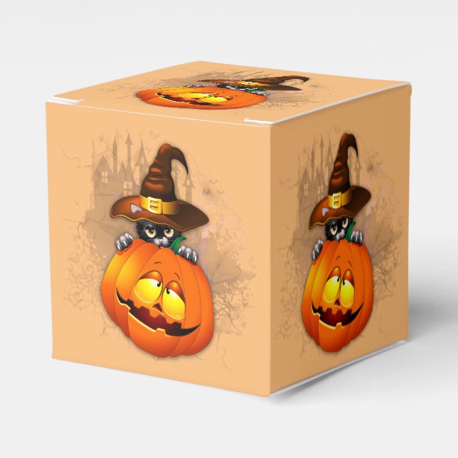 Halloween Cute Kitty Witch and Pumpkin Friend  Favor Boxes (Front Side)