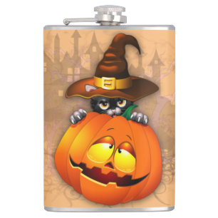 Halloween Cute Kitty Witch and Pumpkin Friend Flask