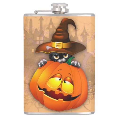 Halloween Cute Kitty Witch and Pumpkin Friend  Flask