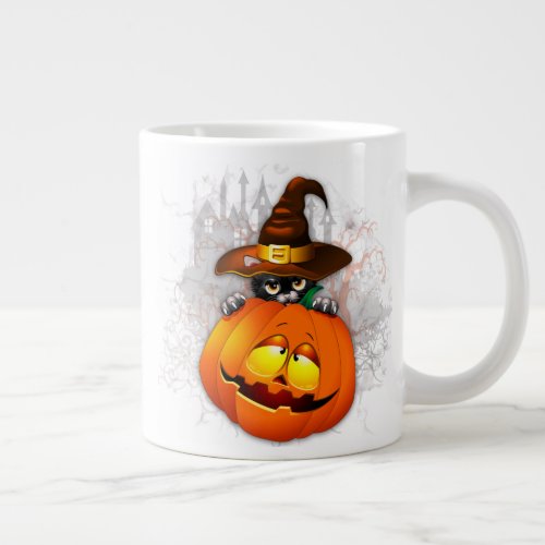 Halloween Cute Kitty Witch and Pumpkin Friend  Giant Coffee Mug