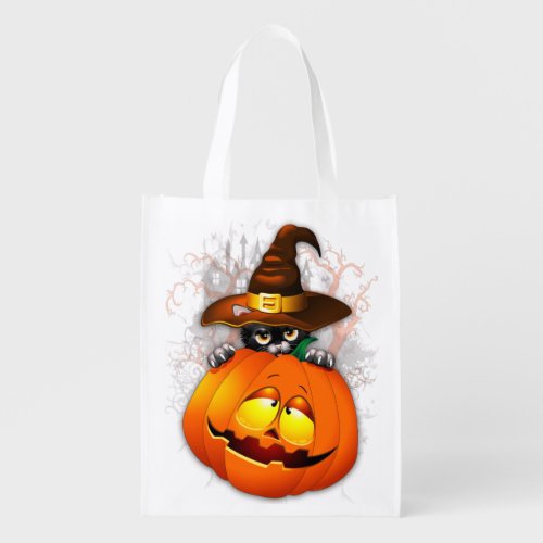 Halloween Cute Kitty Witch and Pumpkin Friend  Grocery Bag