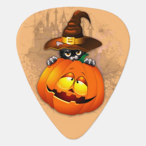 Halloween Cute Kitty Witch and Pumpkin Friend  Guitar Pick