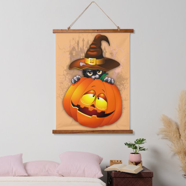 Halloween Cute Kitty Witch and Pumpkin Friend  Hanging Tapestry (Bedroom)
