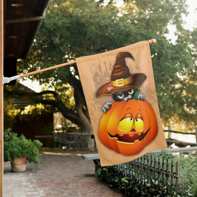 Halloween Cute Kitty Witch and Pumpkin Friend  House Flag (In SItu)