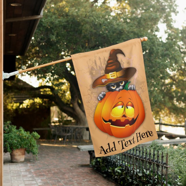 Halloween Cute Kitty Witch and Pumpkin Friend  House Flag (In SItu)