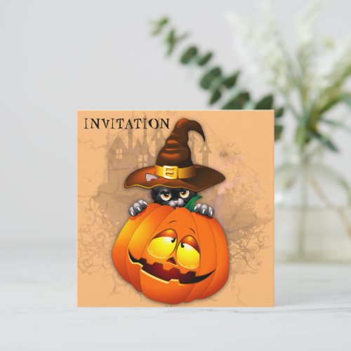 Halloween Cute Kitty Witch and Pumpkin Friend  Invitation