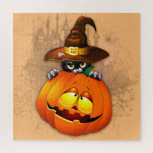 Halloween Cute Kitty Witch and Pumpkin Friend Jigsaw Puzzle