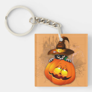 Halloween Cute Kitty Witch and Pumpkin Friend Keychain