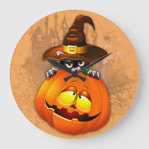 Halloween Cute Kitty Witch and Pumpkin Friend  Large Clock