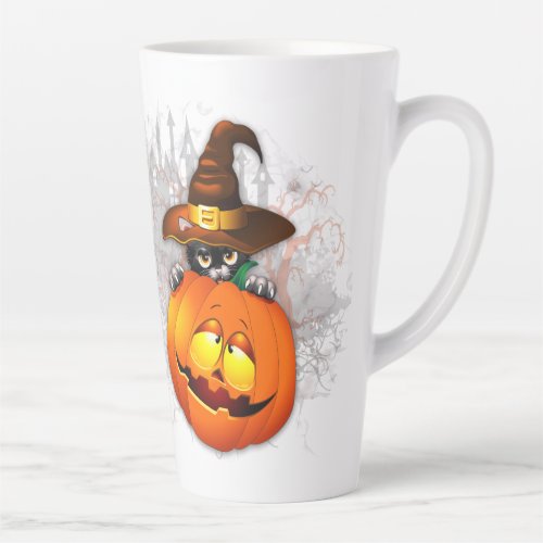 Halloween Cute Kitty Witch and Pumpkin Friend  Latte Mug