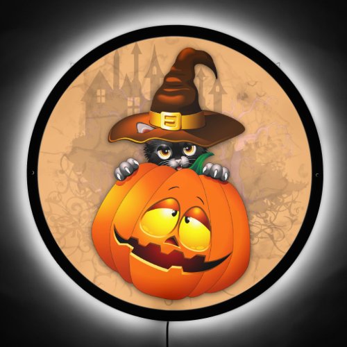Halloween Cute Kitty Witch and Pumpkin Friend  LED Sign