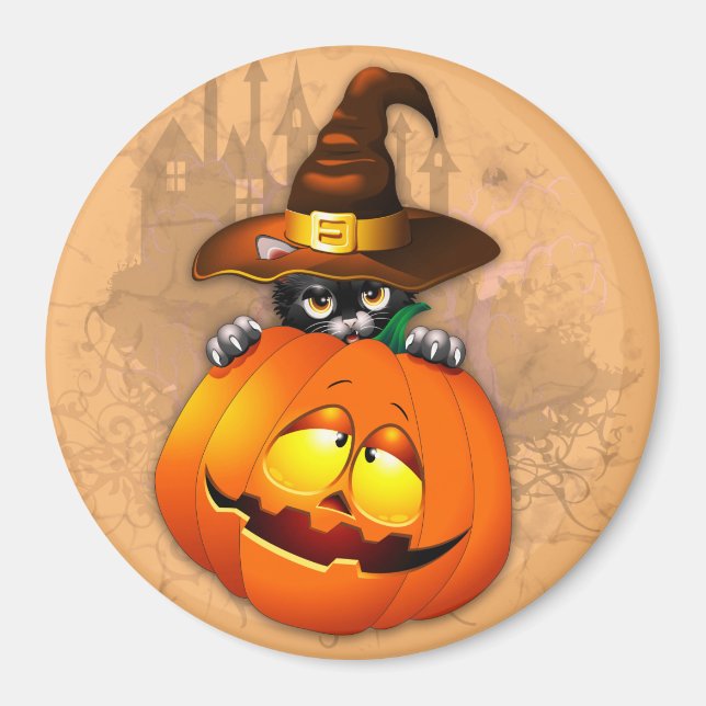 Halloween Cute Kitty Witch and Pumpkin Friend  Magnet (Front)