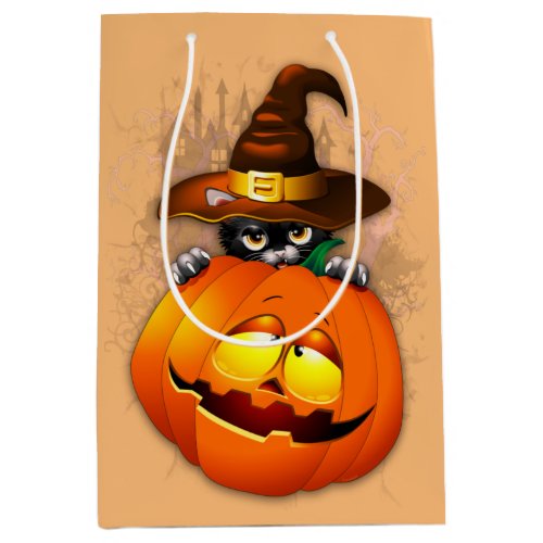 Halloween Cute Kitty Witch and Pumpkin Friend  Medium Gift Bag
