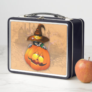 Halloween Cute Kitty Witch and Pumpkin Friend Metal Lunch Box