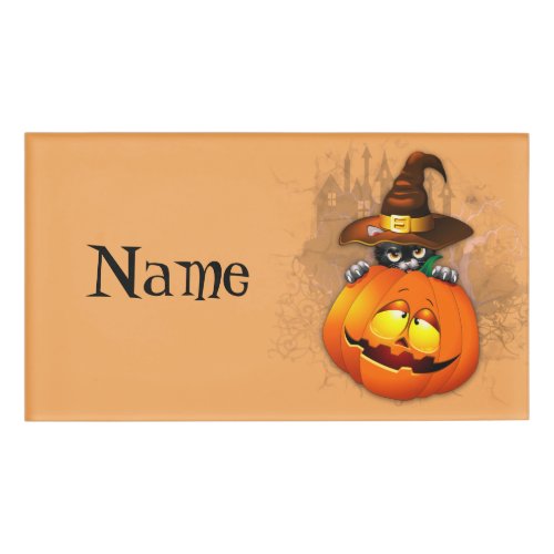 Halloween Cute Kitty Witch and Pumpkin Friend  Name Tag