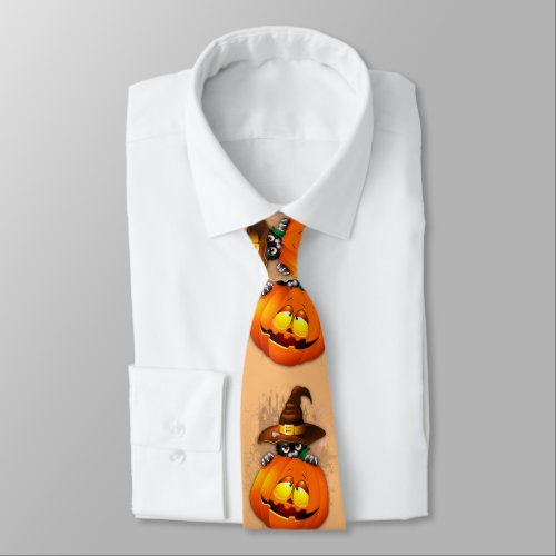 Halloween Cute Kitty Witch and Pumpkin Friend  Neck Tie