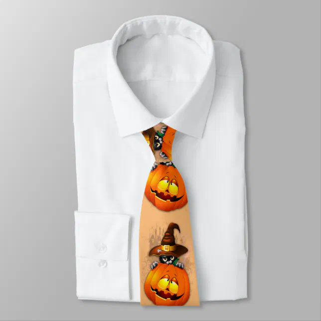 Halloween Cute Kitty Witch and Pumpkin Friend Neck Tie ! Design by BluedarkArt TheChameleonArt, Zazzle Store
