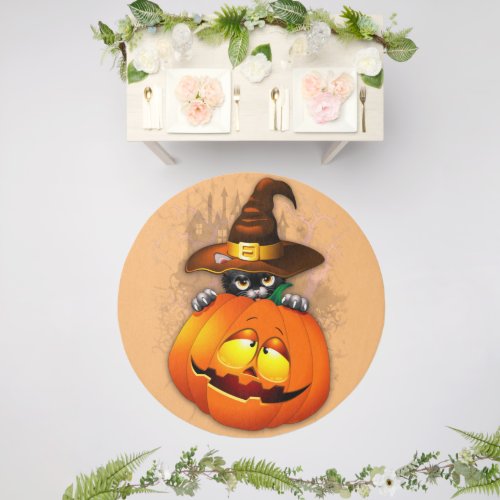 Halloween Cute Kitty Witch and Pumpkin Friend  Outdoor Rug