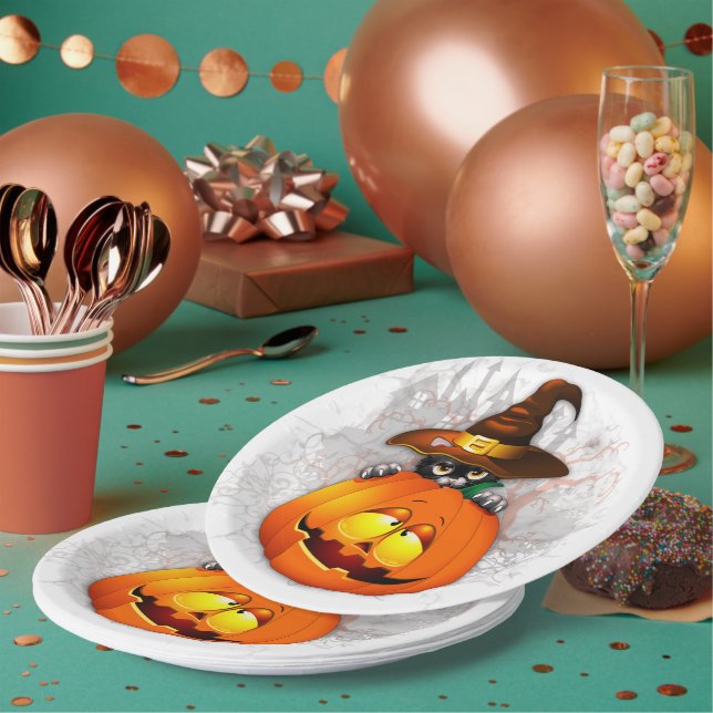 Halloween Cute Kitty Witch and Pumpkin Friend  Paper Plates (Multi)