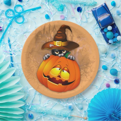 Halloween Cute Kitty Witch and Pumpkin Friend  Paper Plates