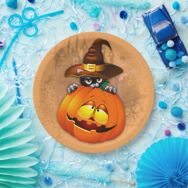 Halloween Cute Kitty Witch and Pumpkin Friend  Paper Plates (Party)