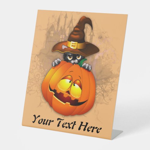 Halloween Cute Kitty Witch and Pumpkin Friend  Pedestal Sign