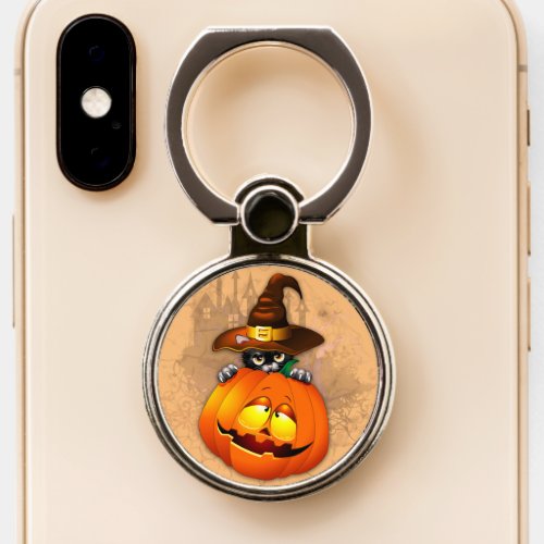 Halloween Cute Kitty Witch and Pumpkin Friend  Phone Ring Stand