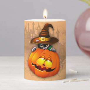 Halloween Cute Kitty Witch and Pumpkin Friend Pillar Candle