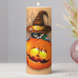 Halloween Cute Kitty Witch and Pumpkin Friend Pillar Candle