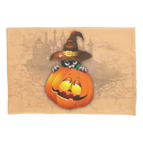 Halloween Cute Kitty Witch and Pumpkin Friend  Pillow Case