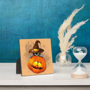 Halloween Cute Kitty Witch and Pumpkin Friend Plaque