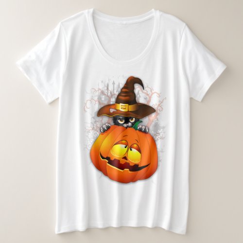 Halloween Cute Kitty Witch and Pumpkin Friend  Plus Size T_Shirt