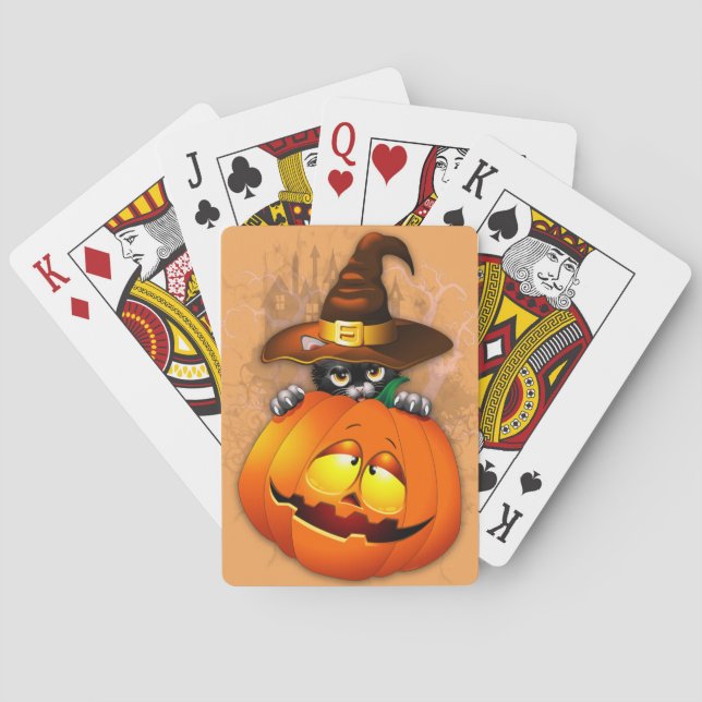 Halloween Cute Kitty Witch and Pumpkin Friend  Poker Cards (Back)