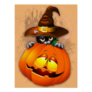Halloween Cute Kitty Witch and Pumpkin Friend Poster