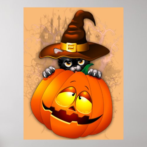 Halloween Cute Kitty Witch and Pumpkin Friend  Poster
