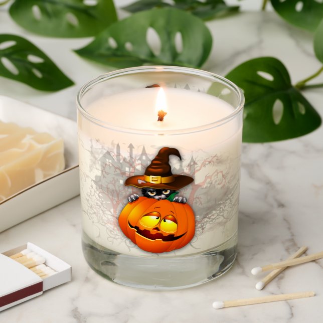 Halloween Cute Kitty Witch and Pumpkin Friend  Scented Candle (Lit)