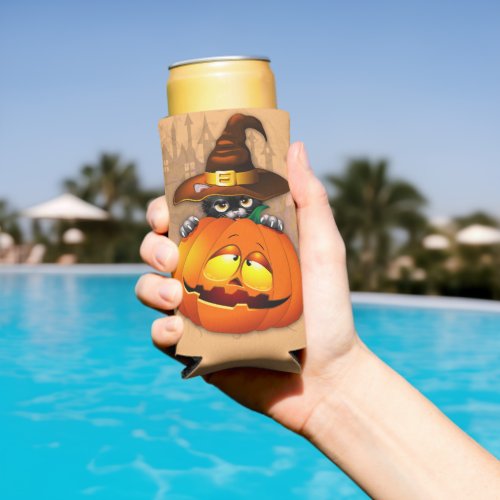 Halloween Cute Kitty Witch and Pumpkin Friend  Seltzer Can Cooler