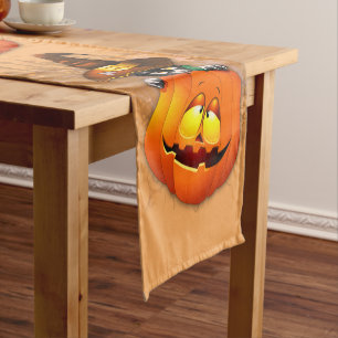 Halloween Cute Kitty Witch and Pumpkin Friend Short Table Runner