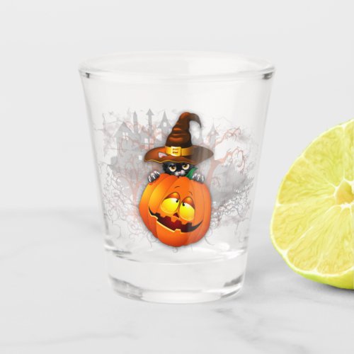 Halloween Cute Kitty Witch and Pumpkin Friend  Shot Glass